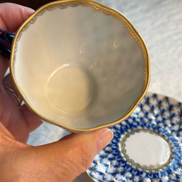 VTG Lomonosov Imperial Porcelain Tulip net pattern cobalt blue 22K gold teacup s - Picture 10 of 13